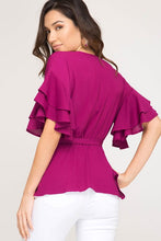 Load image into Gallery viewer, Double Ruffled Sleeve Surplice Wrap Top