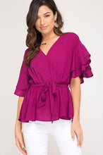 Load image into Gallery viewer, Double Ruffled Sleeve Surplice Wrap Top