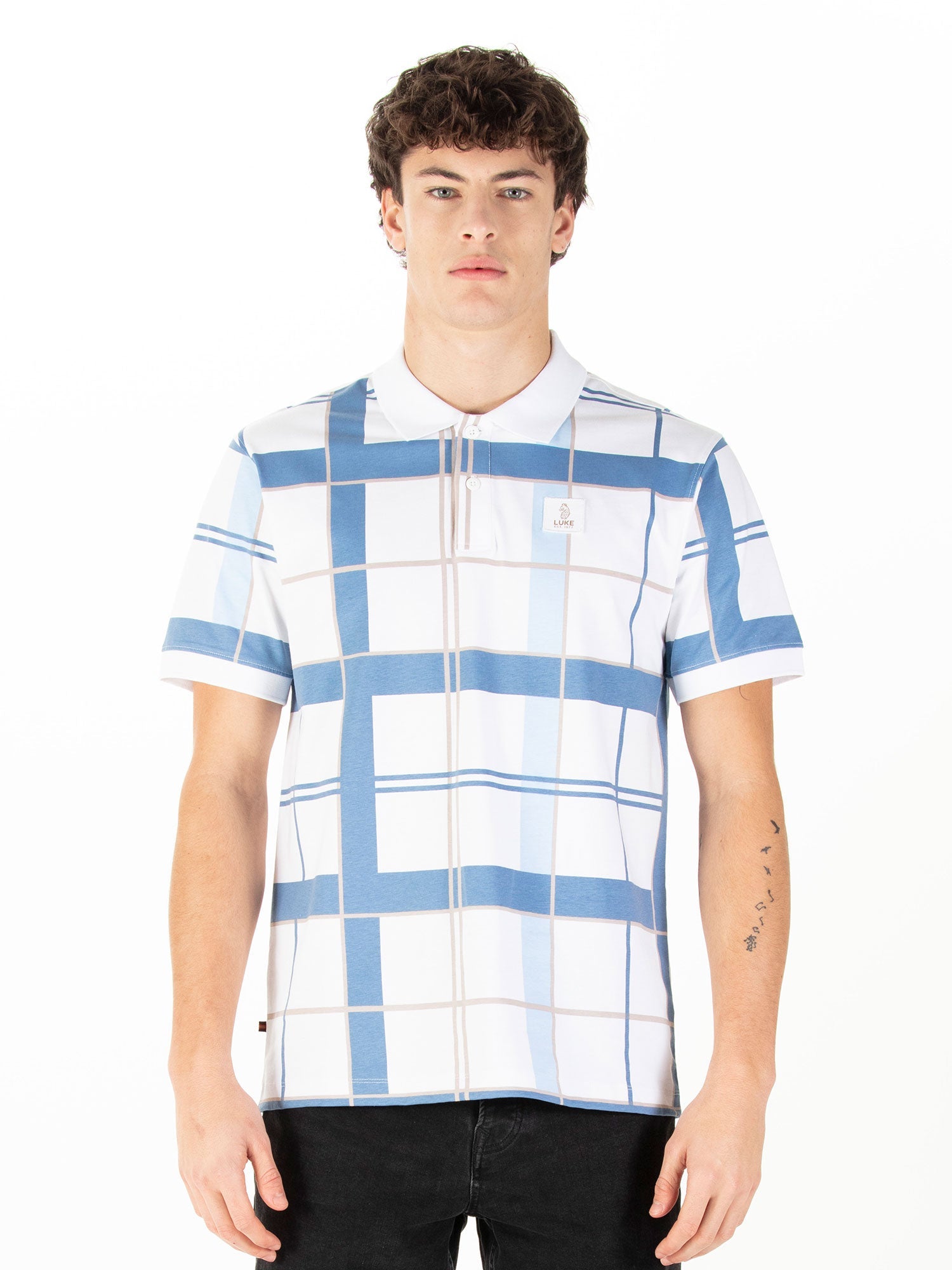 luke 1977 m741452 hadrians polo shirt white denim check luke 1977 m741452 hadrians polo shirt white denim check